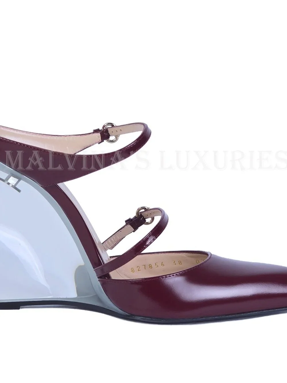 GUCCI SHOES LEATHER w LUCITE WEDGE MULES LOGO EMBOSSED  sz 38 8